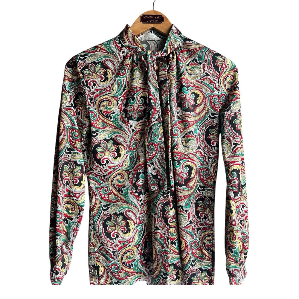 Vintage 80s Koret Paisley Neck Tie Blouse Size XL Long Sleeve Secretary Career